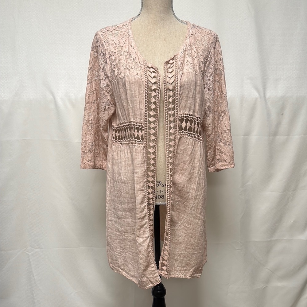 Pink Lace and Linen Open Cardigan